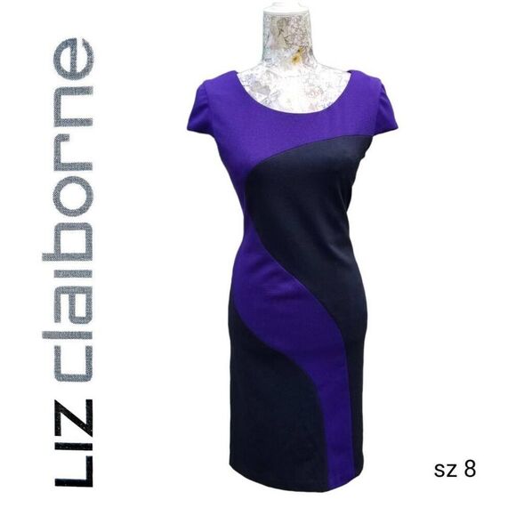 Liz Claiborne Purple Black Color Block Cap Sleeve Business Casual Sheath Dress - Picture 2 of 11